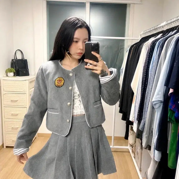[BUNJANG] CROWN Grey Cropped Jacket + Pleated Skirt Set / 크라운(CROWN) 그레이 크롭 자켓 + 플리츠 스커트 셋업