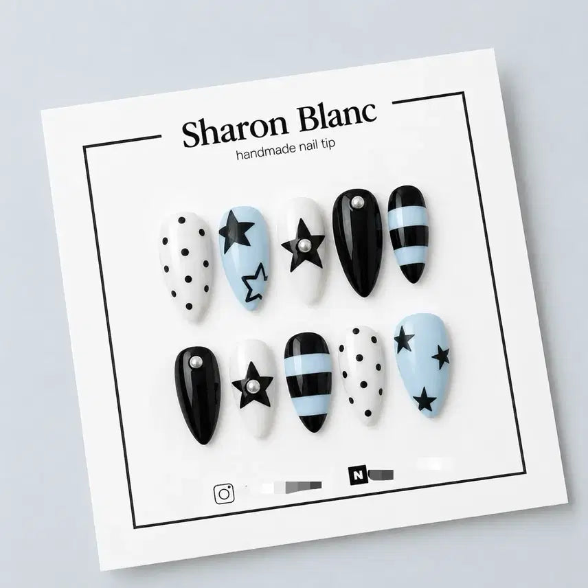 [BUNJANG] Blue Stripe Nail Tips (15 Shapes) / 블루 단가라 네일팁 / 15종 쉐입