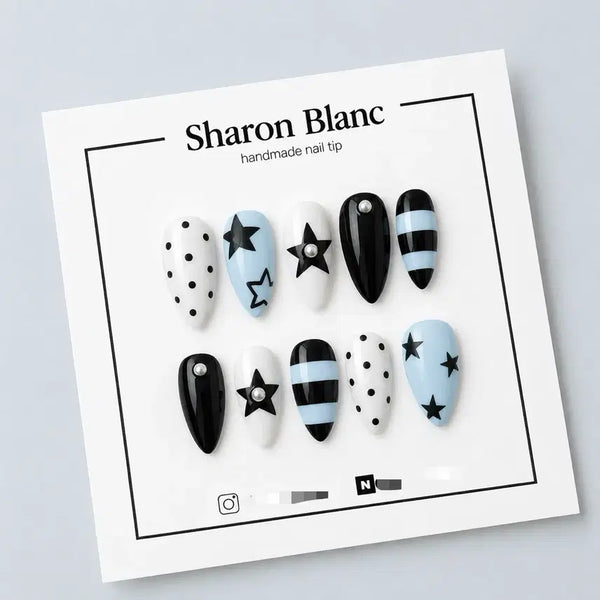 [BUNJANG] Blue Stripe Nail Tips (15 Shapes) / 블루 단가라 네일팁 / 15종 쉐입