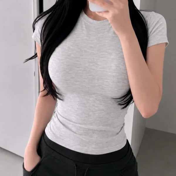 [BUNJANG] Round Neck Spandex Short Sleeve T-Shirt / 착샷) 라운드넥 스판 반팔티