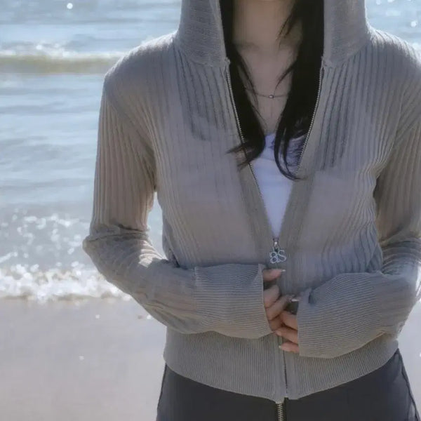 [BUNJANG] ASON NADIA SUMMER KNIT ZIP-UP KHAKI-GRAY / 애즈온 나디아 썸머 니트집업 카키그레이 ASON NADIA SUMMER KNIT ZIP-UP / KHAKI-GRAY