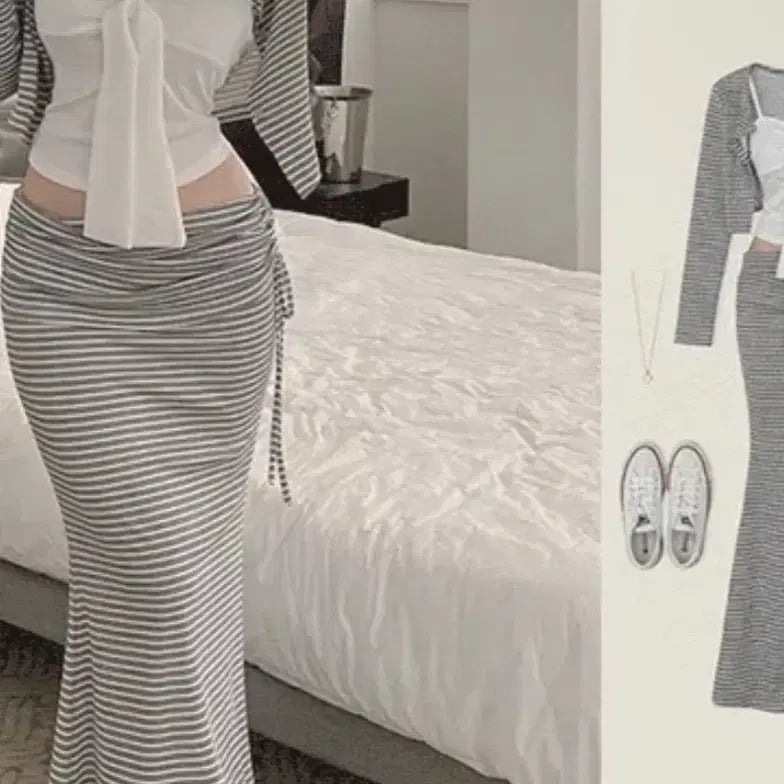 [BUNJANG] 3-Piece Stripe Cardigan + Ribbon Sleeveless + String Banding Skirt Set / 쓰리피스 스트라이프 가디건 + 리본 슬리브리스 + 스트링 밴딩 스커트