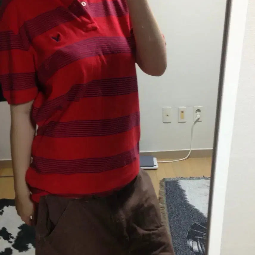 [BUNJANG] American Eagle Outfitters Red Stripe Polo Shirt / 아메리칸 이글 보더 레드 스트라이프 폴로 셔츠 피케 반팔