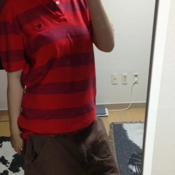 [BUNJANG] American Eagle Outfitters Red Stripe Polo Shirt / 아메리칸 이글 보더 레드 스트라이프 폴로 셔츠 피케 반팔