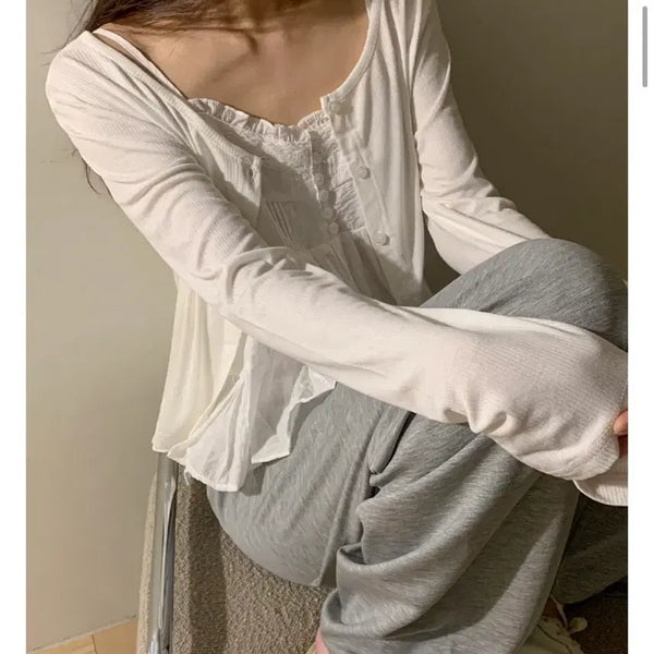 [BUNJANG] Surelove Cream Ivory White Ribbed Layered Cardigan T-shirt / 크림 아이보리 흰색 슈어럽 찰랑 레이어드 여리핏 골지 가디건 티셔츠