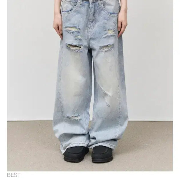 [BUNJANG] Hifipunk Hold Damage Wide Denim Pants (Size M) / 하이파이펑크 홀드데미지 와이드데님