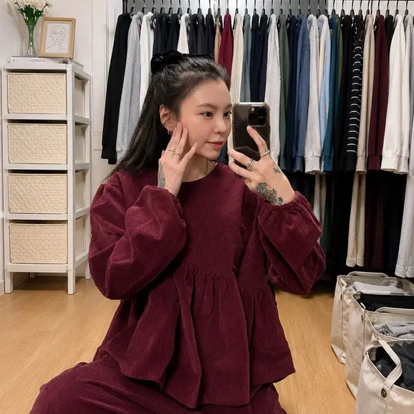 [BUNJANG] Notes from He Burgundy Corduroy Frill Setup Set - Size M / 노츠 프롬 히 (notes from he) 버건디 코듀로이 프릴 셋업 M
