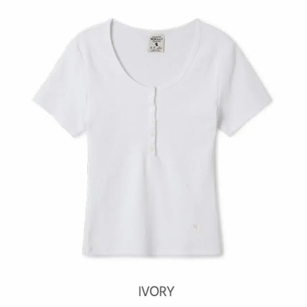[BUNJANG] Who.a.u Ribbed Henley Neck T-Shirt Ivory Size S / 후아유 who.a.u 골지 헨리넥 티셔츠