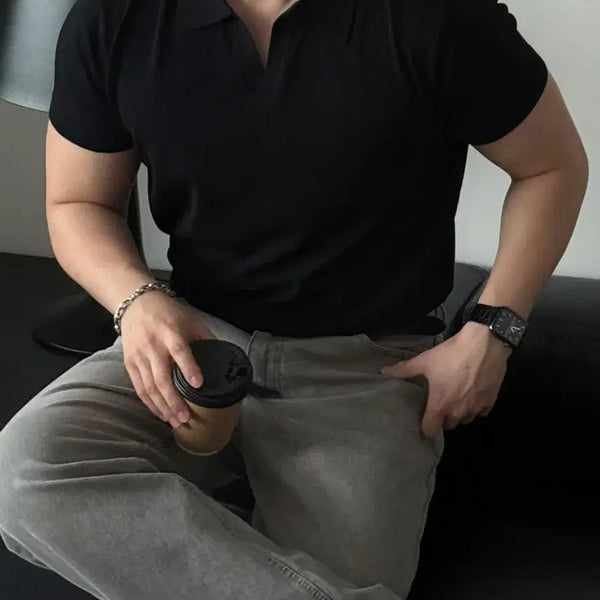 [BUNJANG] Muscle Fit Open Collar Short Sleeve Knit T-Shirt / [새상품]머슬핏 오픈 카라 반팔 니트티