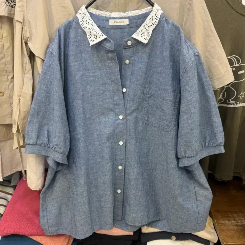 [BUNJANG] Lace Collar Denim-Like Short Sleeve Blouse (FREE 55-77) / [새상품] 레이스 카라 데님풍 반팔 블라우스 (FREE 55~77/ 러블리)