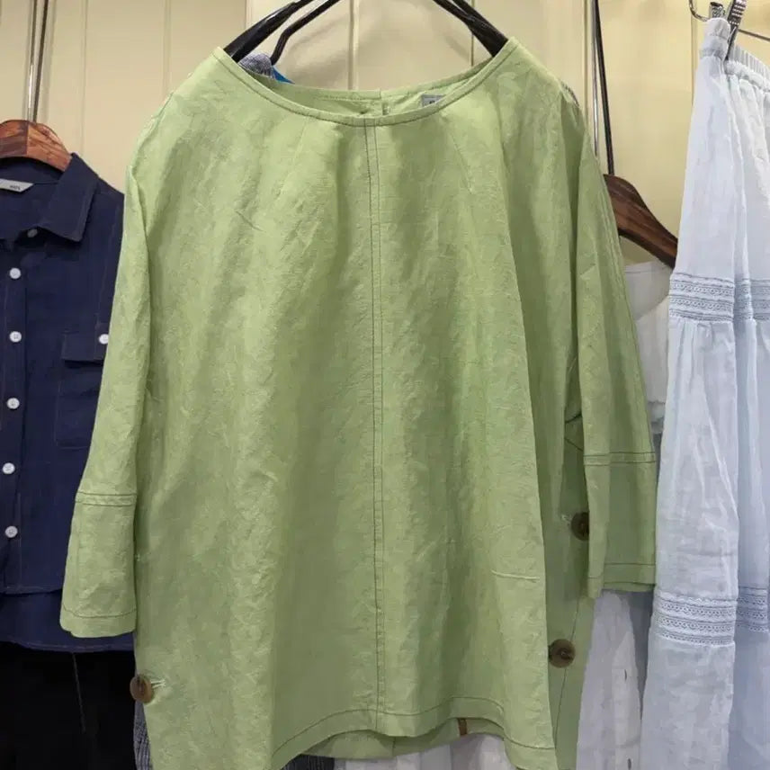 [BUNJANG] Linen Side Slit Button Short/7-Sleeve Blouse (55-77 Size) / 새상품 여유핏 린넨 옆트임 단추 반팔/7부 블라우스 (55~77/산뜻한 컬러)