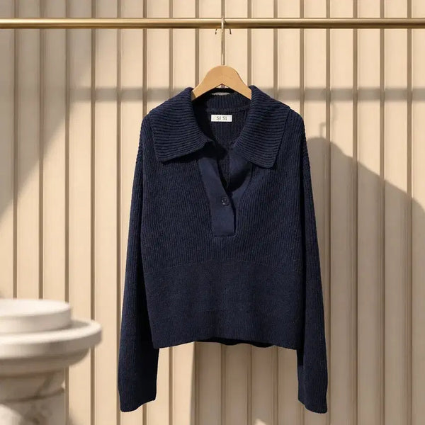[BUNJANG] SJSJ 2021 Wide Collar Wool Blend Knit Navy Pullover / 한섬 SJSJ 2021 와이드 카라 울 혼방 니트 76-90-155사이즈