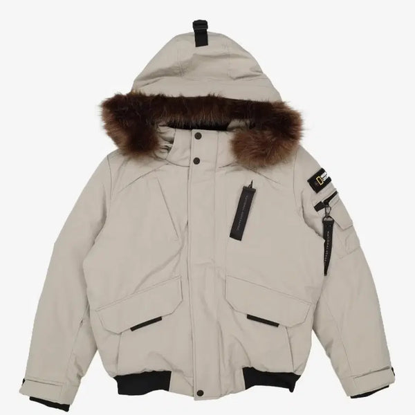 [BUNJANG] National Geographic Beige Hooded Short Puffer Jacket / 내셔널 지오그래픽 숏 패딩 베이지색 후드 퍼 탈부착 가능