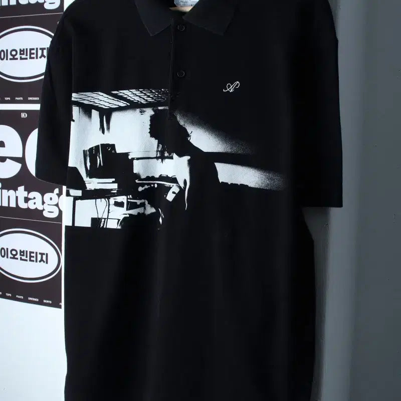 [BUNJANG] Afterpray Half Sleeve Collar T-shirt Vintage Printing Black / (F) 애프터프레이 반팔 카라 티셔츠 빈티지프린팅 블랙-H36867