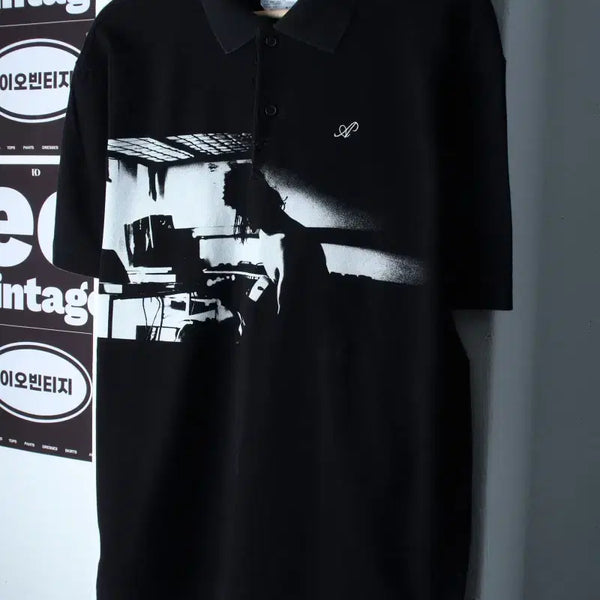 [BUNJANG] Afterpray Half Sleeve Collar T-shirt Vintage Printing Black / (F) 애프터프레이 반팔 카라 티셔츠 빈티지프린팅 블랙-H36867