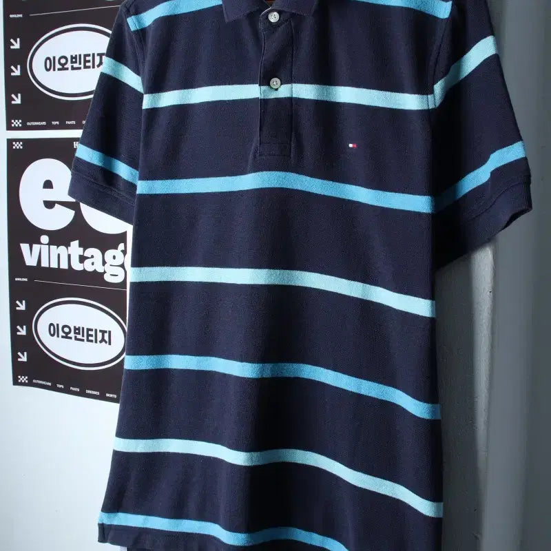 [BUNJANG] Tommy Hilfiger Striped Short-Sleeve Polo Shirt Navy / (M-L) 타미힐피거 반팔 카라 티셔츠 스트라이프 네이비-H36868