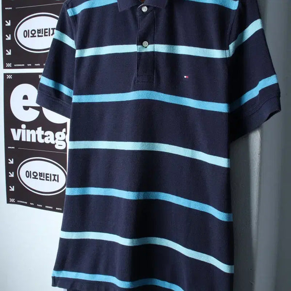 [BUNJANG] Tommy Hilfiger Striped Short-Sleeve Polo Shirt Navy / (M-L) 타미힐피거 반팔 카라 티셔츠 스트라이프 네이비-H36868