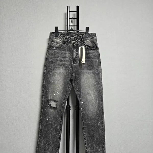 [BUNJANG] JILL BY JILLSTUART Grey Washed Distressed Splatter Denim Pants / 질 바이 질 스튜어트 그레이 워싱 찢청 스플래터 데님팬츠