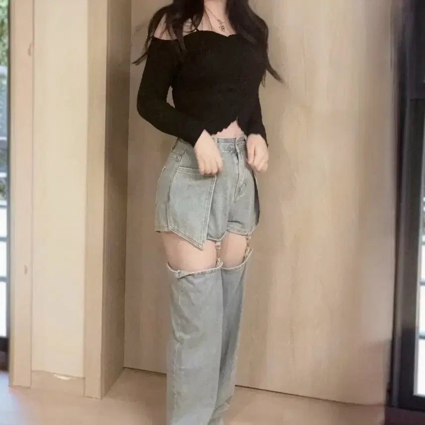 [BUNJANG] Japanese Sporty Off-Shoulder Denim Custom Detachable Layered Pants Set / 일본 스포티 오프숄더 데님 커스텀 탈부착 팬츠 데일리 코디세트