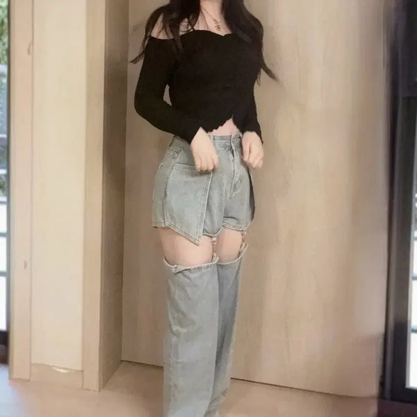 [BUNJANG] Japanese Sporty Off-Shoulder Denim Custom Detachable Layered Pants Set / 일본 스포티 오프숄더 데님 커스텀 탈부착 팬츠 데일리 코디세트