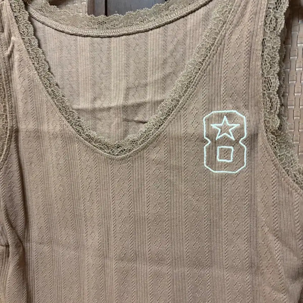 [BUNJANG] Brown Lace V-Neck Ribbed Camisole / 브라운 레이스 브이넥 골지 나시