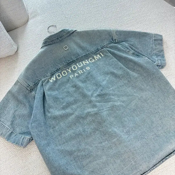 [BUNJANG] Woo Young Mi 25SS Back Logo Denim Short Sleeve Shirt Size 46 / [새상품급] 우영미 25SS 백로고 데님 반팔 셔츠 46사이즈