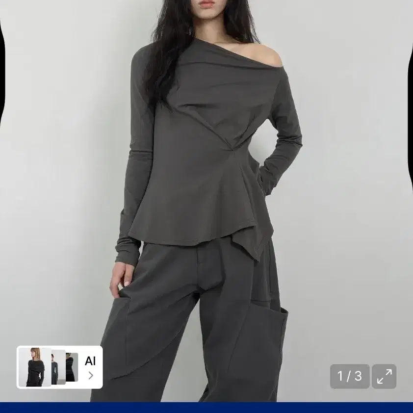 [BUNJANG] NACHE One Shoulder Long Sleeve Charcoal / 나체 LINE ONE 숄더 롱슬리브 차콜