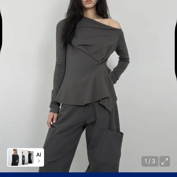 [BUNJANG] NACHE One Shoulder Long Sleeve Charcoal / 나체 LINE ONE 숄더 롱슬리브 차콜