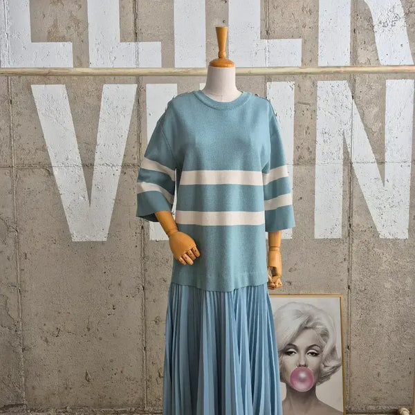 [BUNJANG] Beanpole Knit Color-Block Pleated Long Dress / 빈폴 니트배색 플리츠 롱원피스