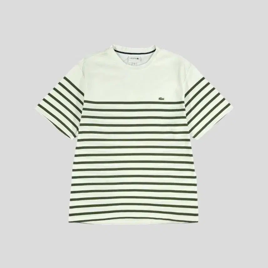 [BUNJANG] Lacoste White Olive Green Stripe Croc Patch Pique Cotton Short Sleeve T-Shirt L / 라코스테 화이트 올리브그린 스트라이프 크록패치 PK 피케 코튼 반팔 티셔츠 L