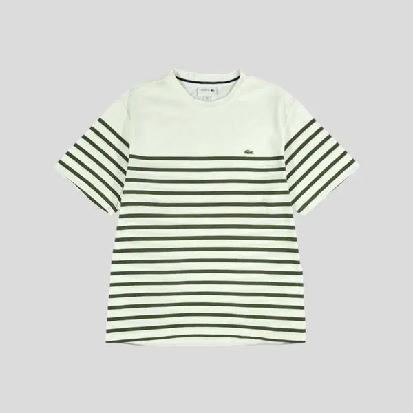 [BUNJANG] Lacoste White Olive Green Stripe Croc Patch Pique Cotton Short Sleeve T-Shirt L / 라코스테 화이트 올리브그린 스트라이프 크록패치 PK 피케 코튼 반팔 티셔츠 L