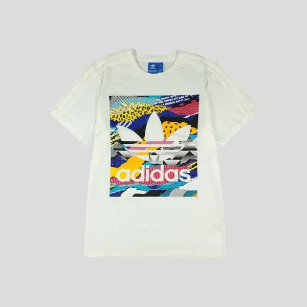 [BUNJANG] Adidas Multi-color Geometric Camo Big Trefoil Logo Cotton Half-tone Short Sleeve T-Shirt / 아디다스 화이트 톤톤 삼선 멀티컬러 하프톤 기하학카모 빅트레포일 로고 LA박스 코튼 반팔 티셔츠 M-L