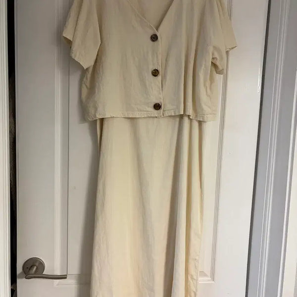 [BUNJANG] Ivory Linen Dress Jacket Set / 아이보리 크림색 린넨 원피스 자켓 블라우스 세트