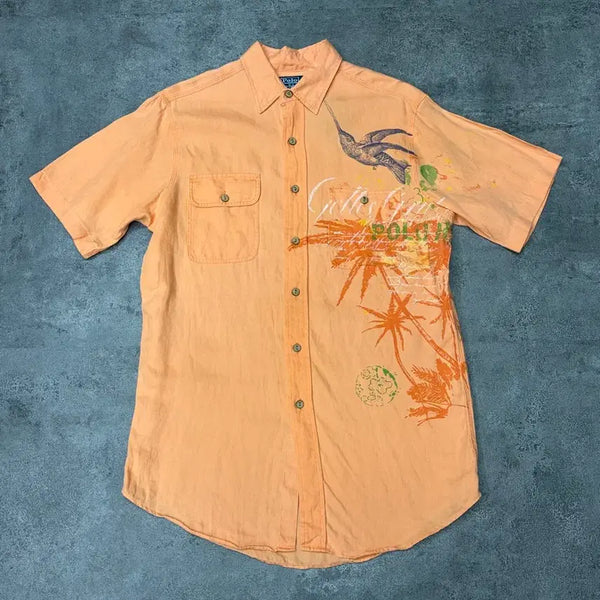 [BUNJANG] Polo Ralph Lauren 00s Hummingbird Tropical Graphic Short Sleeve Shirt Orange / 00s 폴로 랄프 로렌 허밍버드 트로피컬 그래픽 반팔 셔츠 오렌지