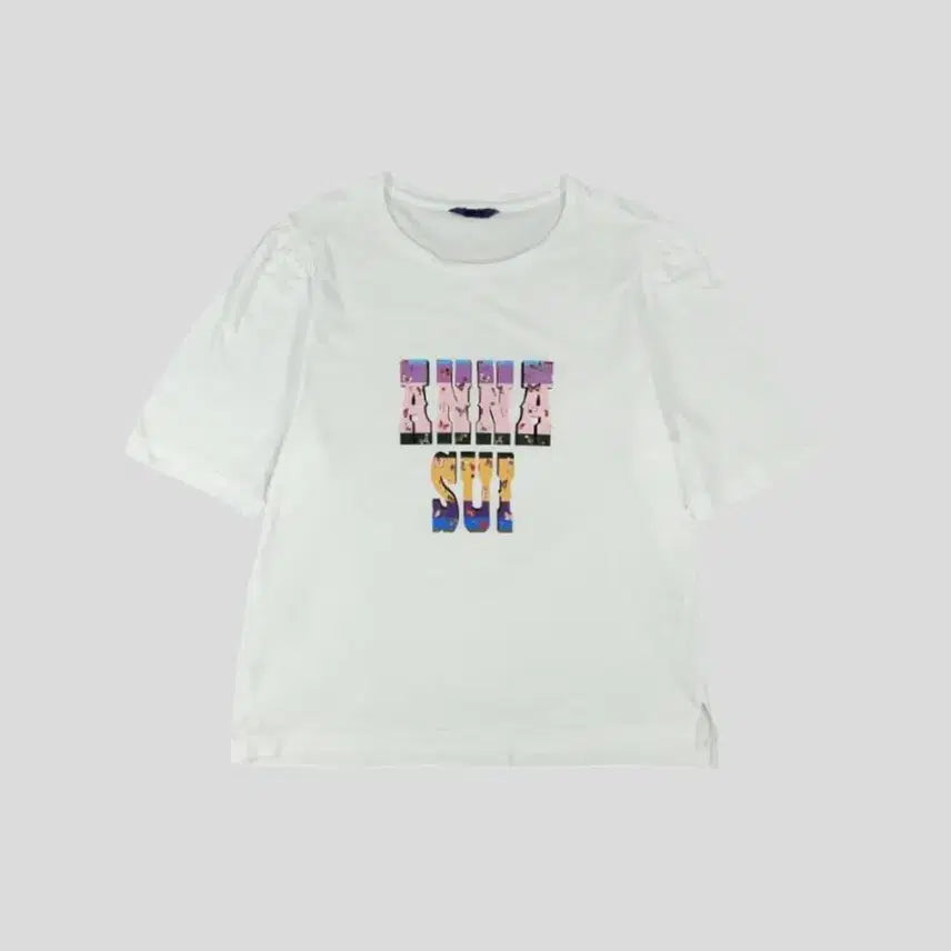 [BUNJANG] Anna Sui White Multicolor Big Spellout Logo Hotfix Shirring Cotton Short Sleeve T-Shirt / ANNASUI 안나수이 화이트 멀티컬러 빅스펠아웃 로고 핫픽스 셔링 코튼 반팔 티셔츠 WOMANS L