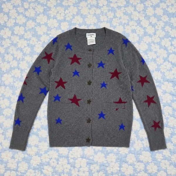 [BUNJANG] Chanel Star Pattern Cashmere Cardigan Gray Size 40 / 샤넬 스타 패턴 캐시미어 가디건 그레이 40사이즈