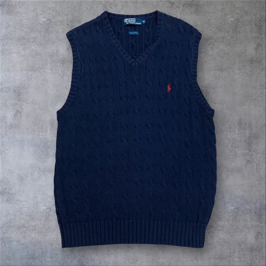 [BUNJANG] Polo Ralph Lauren Small Pony Logo Navy Cable Knit Vest / 폴로 랄프로렌 스몰 포니 로고 네이비 꽈배기 니트 베스트