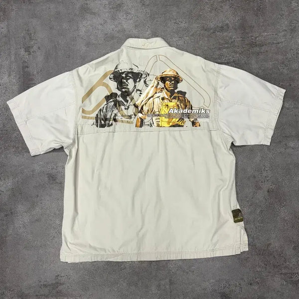 [BUNJANG] Academics Back Graphic Multi-Pocket Short Sleeve Shirt Ivory XL / 00s 아카데믹스 백 그래픽 멀티포켓 반팔 셔츠 아이보리 XL