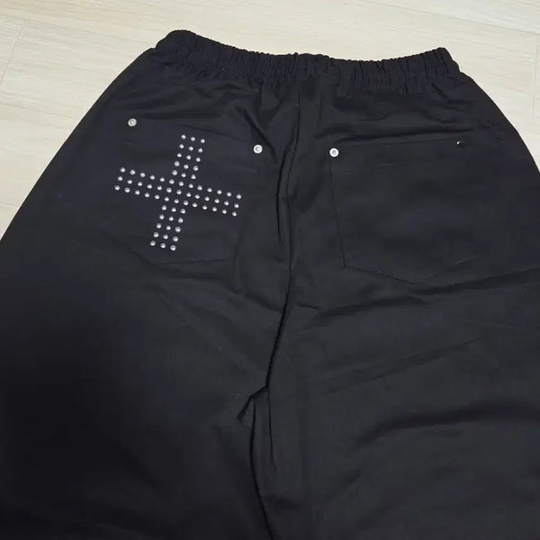 [BUNJANG] Black Cross Stud Wide Pants / 블랙 십자가 찡 와이드팬츠