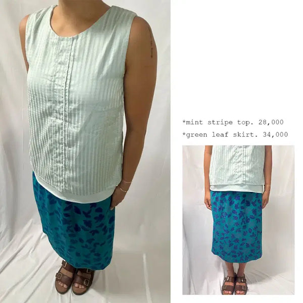 [BUNJANG] Mint Stripe Top (M) & Green Leaf Skirt (M) Set / green core set up