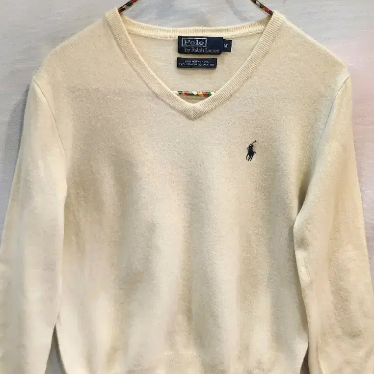 [BUNJANG] Polo Ralph Lauren 100% Merino Wool V-Neck Knit Ivory M / 폴로 랄프로렌 100% 메리노울 V넥 니트 아이보리 M