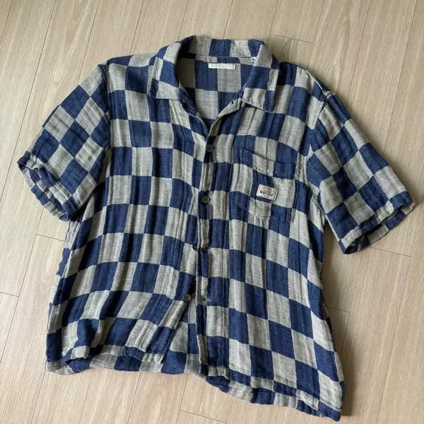 [BUNJANG] Stussy x Our Legacy Workshop Box Shirt Shortsleeve Blue Grey Linen Check / 스투시 x 아워레가시 워크샵 셔츠 숏슬리브 블루 그레이 리넨 체크