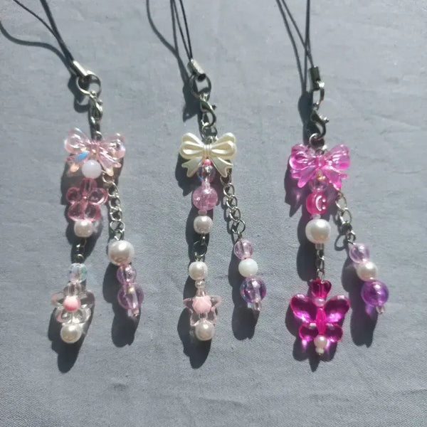 [BUNJANG] Pink Ribbon Double Strand Bead Keychain / 영롱한 분홍색 리본 두 줄 비즈 키링