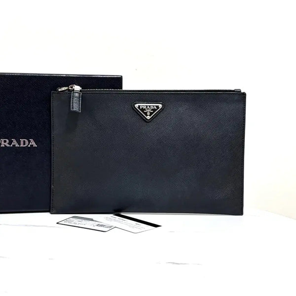 [BUNJANG] Prada Saffiano Triangle Logo Clutch Bag Black (2NG005) / 프라다 사피아노 삼각로고 클러치백 블랙 (2NG005)