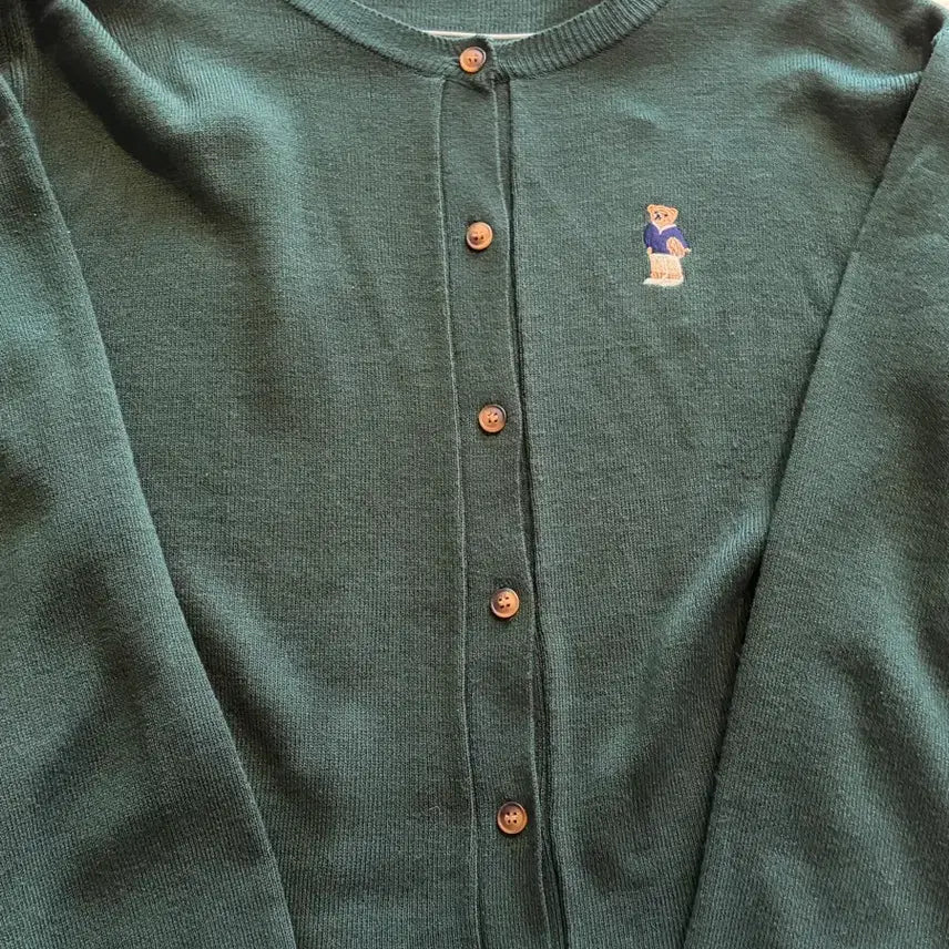 [BUNJANG] 66Girls Teddy Bear Embroidered Deep Green Cardigan / 66걸즈 테디베어 자수 딥그린 가디건