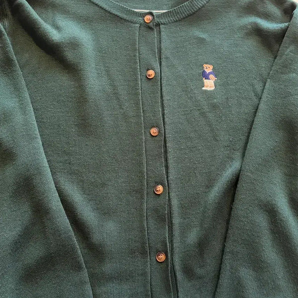 [BUNJANG] 66Girls Teddy Bear Embroidered Deep Green Cardigan / 66걸즈 테디베어 자수 딥그린 가디건