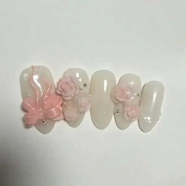 [BUNJANG] Handmade Rose Princess Nail Tips Set / 리본 장미 공주 수제네일팁 10개 세트