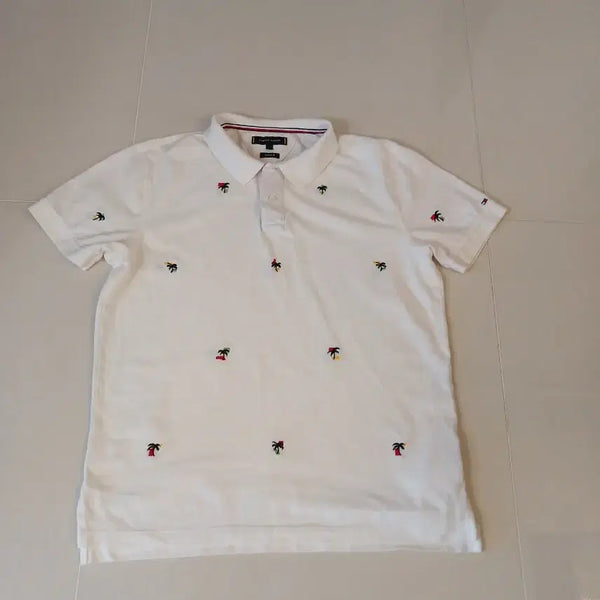 [BUNJANG] Tommy Hilfiger Palm Tree Embroidered Short-Sleeve Polo Shirt White / 타미힐피거 팜트리 자수반팔 카라티 화이트