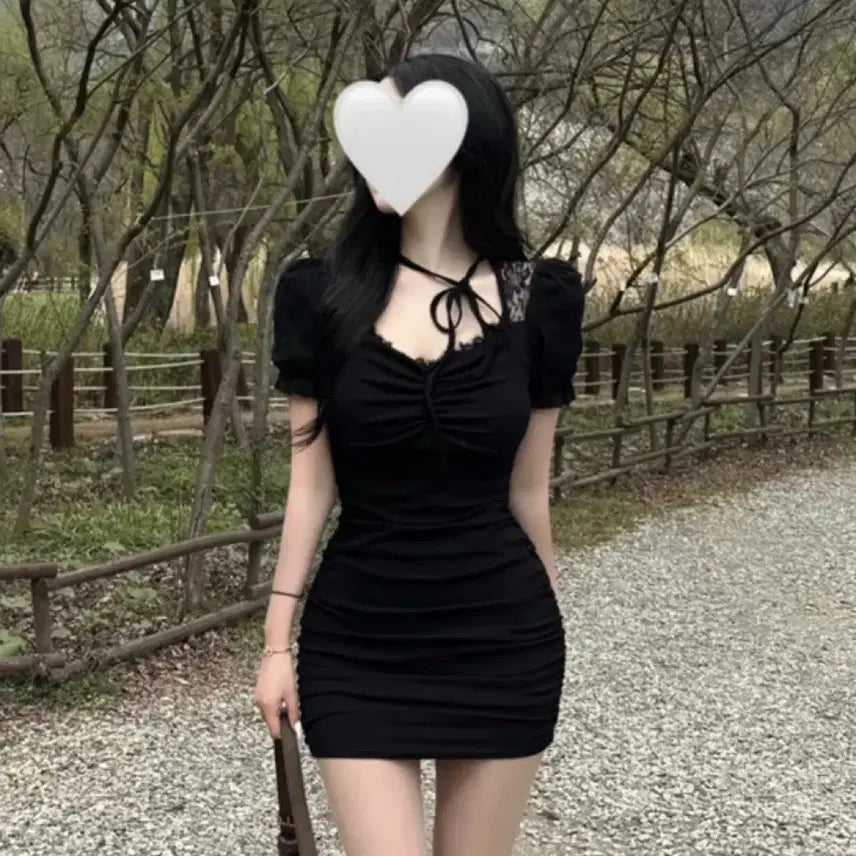 [BUNJANG] Choker Neck Shirring Ribbon Lace See-through Short Sleeve Mini Dress Black / 초커넥 셔링 리본 레이스 시스루 반팔 원피스 블랙