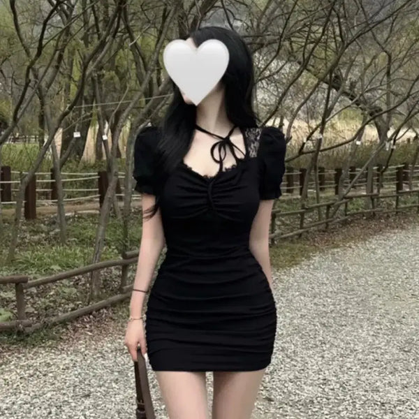 [BUNJANG] Choker Neck Shirring Ribbon Lace See-through Short Sleeve Mini Dress Black / 초커넥 셔링 리본 레이스 시스루 반팔 원피스 블랙